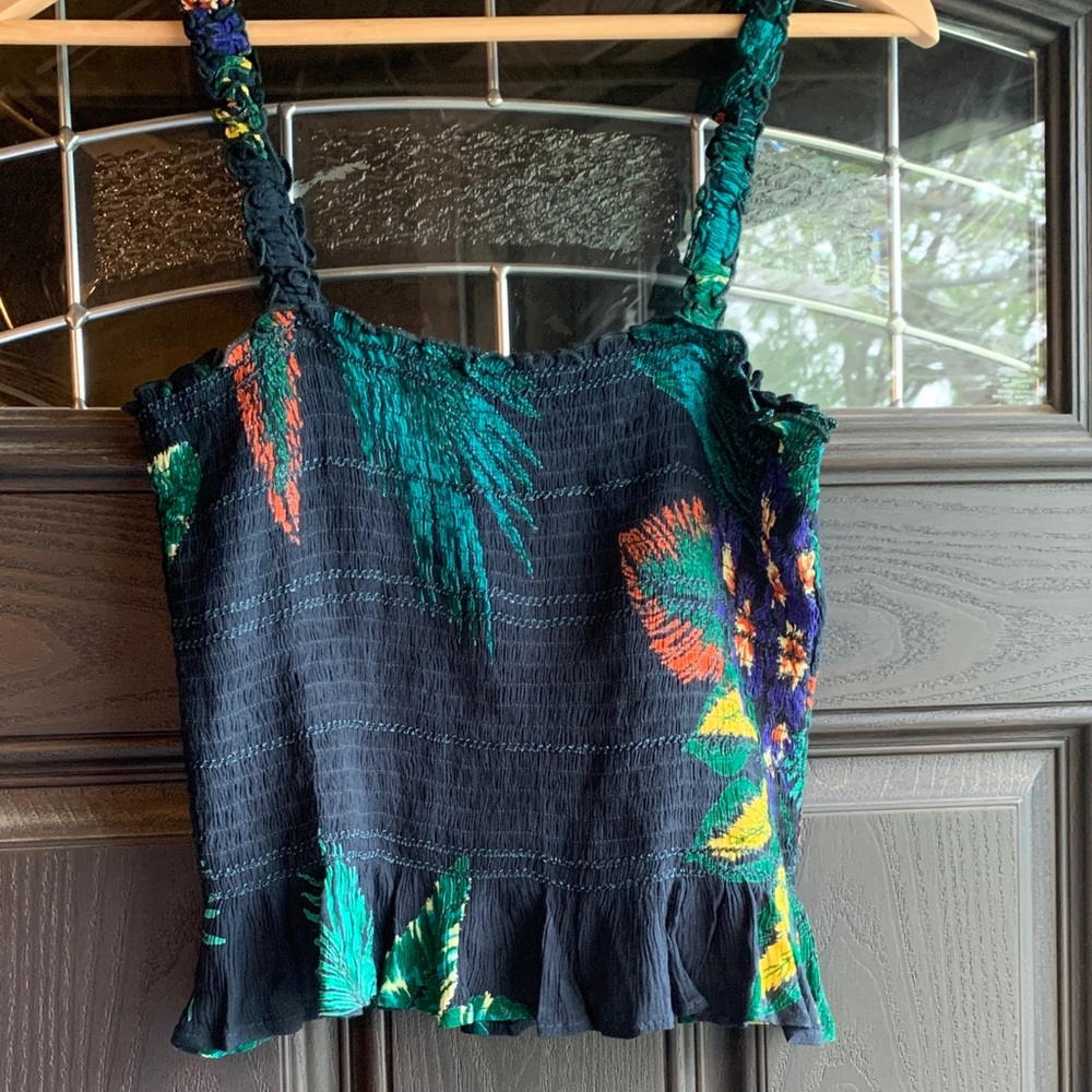 NWT Patrons of Peace Navy Floral Smocked Camisole with Green & Orange Accents